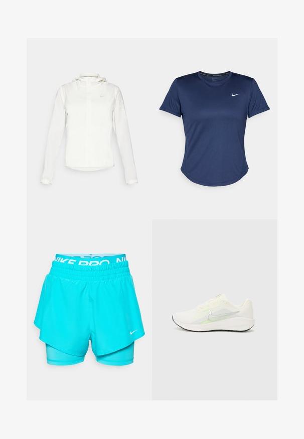 Valkoinen Nike-takki hupulla, täyspitkällä vetoketjulla, joustavilla hihansuilla ja hillityllä logolla rinnassa. Sujuva pinta ja kevyt muotoilu.; Meriinisininen urheilupaita lyhyillä hihoilla, pyöreällä kaula-aukolla ja Nike-logolla rintamalla. Valmistettu sileästä, kevyestä kankaasta.; Turkoosi Nike Pro -shortsit, joissa on joustava vyötärö, kerroksellinen muotoilu ja valkoiset logo-yksityiskohdat. Valmistettu sileästä, kevyestä kankaasta.; Nike Performance DOWNSHIFTER 13 - Katujuoksukengät - sail/silver-coloured photon dust/summit white/barely volt/black