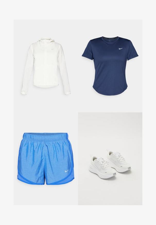 White Nike jacket with a hood, full zip, elastic cuffs, and a subtle logo on the chest. Smooth texture and lightweight design.; Navy blue athletic T-shirt with short sleeves, round neckline, and Nike logo on the chest. Made from smooth, lightweight fabric.; Blue athletic shorts with an elastic waistband, lightweight fabric, curved hem, and contrasting side panel detail. Nike logo on lower left.; White athletic shoes with a textured mesh upper, cushioned sole, and subtle grey accents. Includes branding and looped heel tab for easy wear.