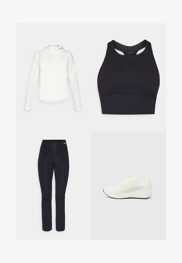 Bela Nike jakna s kapuco, polno zadrgo, elastičnimi manšetami in diskretnim logotipom na prsih. Gladka tekstura in lahko oblikovanje.; Črn športni crop top iz žametnega materiala, ki ima brezrokavni dizajn in zaobljen izrez z izrezanimi detajli.; Črne športne hlače z gladko teksturo, širokim elastičnim pasom in prilegajočim oblikovanjem, ki se rahlo zoži proti gležnjem.; Nike Performance DOWNSHIFTER 13 - Tekaški copati za cesto - sail/silver-coloured photon dust/summit white/barely volt/black