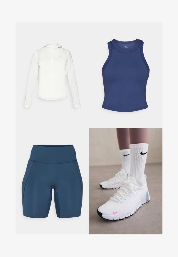 Vit Nike-jacka med huva, hel dragkedja, elastiska ärmslutar och en diskret logotyp på bröstet. Slät textur och lätt design.; Marinblå atletisk linne med en figurnära design, rund halsringning och slät textur. Har minimala sömmar och ingen synlig logotyp.; Mörkblå träningsshorts med hög midja, slät textur och platta sömmar. Har en tight passform som sträcker sig till mitten av låret.; Nike Performance FREE METCON 6 - Träningsskor - white/hot punch/denim turquoise/black/pure platinum