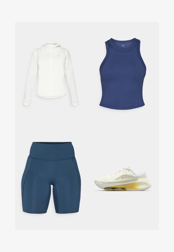 Bijela Nike jakna s kapuljačom, punim zatvaračem, elastičnim manžetama i suptilnim logotipom na prsima. Glatka textura i lagan dizajn.; Tenisica tamnoplave boje s prilagođenim krojem, okruglim izrezom i glatkom teksturom. Ima minimalne šavove i bez vidljivog brendiranja.; Tamno plave kratke hlače za vježbanje s visokim strukom, glatkom teksturom i ravnim šavovima. Imaju prilagođen dizajn koji seže do sredine bedara.; Nike atletska obuća u svijetlo žutoj i bijeloj boji. Ima mrežasti gornji dio, podstavljeni ovratnik i vidljivu Air Zoom jedinicu u potplatu. Tekstuirana tkanina.