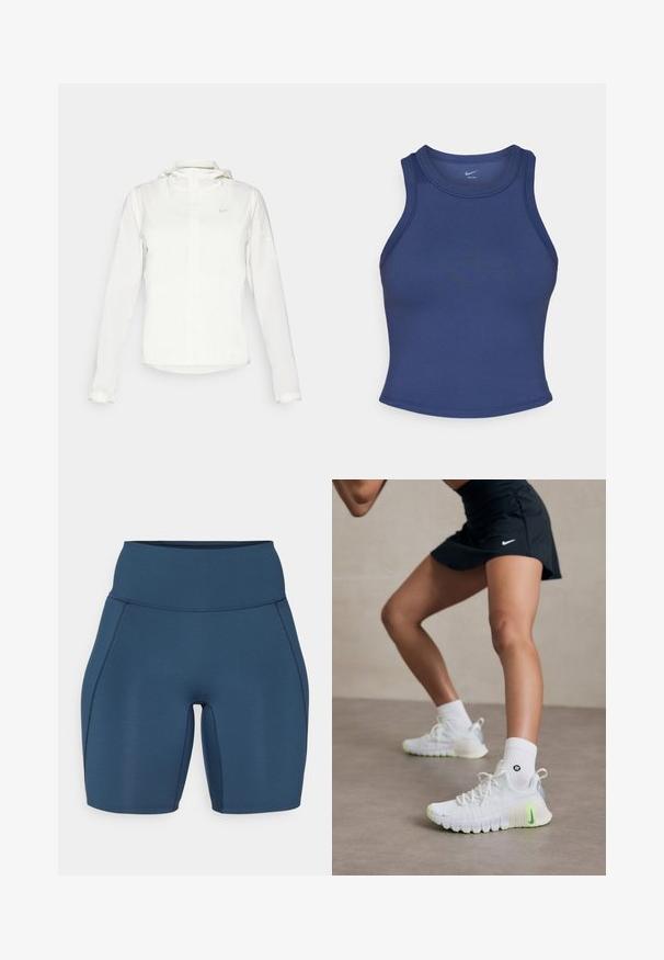 Hvid Nike-jakke med hætte, fuld lynlås, elastiske manchetter og et diskret logo på brystet. Glat tekstur og let design.; Marineblå atletisk tanktop med en tætsiddende design, rund halsudskæring og glat overflade. Har minimale sømme og ingen synlig branding.; Mørkeblå træningsshorts med høj talje, glat tekstur og flade sømme. Har et tætsiddende design, der strækker sig til midten af låret.; Hvide træningssko med en tekstureret overflade, neongrønne detaljer og et fremtrædende Nike-logo. Båret med hvide ankelstrømper.