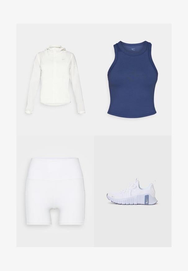 Bijela Nike jakna s kapuljačom, punim zatvaračem, elastičnim manžetama i suptilnim logotipom na prsima. Glatka textura i lagan dizajn.; Tenisica tamnoplave boje s prilagođenim krojem, okruglim izrezom i glatkom teksturom. Ima minimalne šavove i bez vidljivog brendiranja.; Bijele kratke hlače visokog struka napravljene od rastezljivog materijala. Karakteriziraju ih glatka tekstura i prilagođeni dizajn, bez dodatnih uzoraka ili hardvera.; Bijele Nike tenisice s teksturiranim gornjim dijelom, ljubičastim detaljima na potplatu i logou te fleksibilnim, rebrastim potplatom za bolju prionjivost.