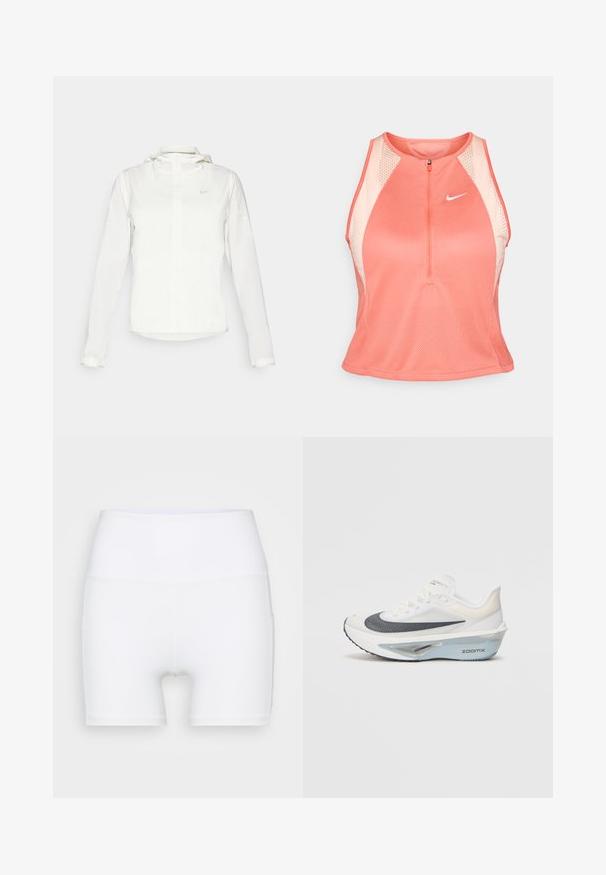 Balta Nike striukė su gobtuvu, pilnu užtrauktuku, elastingomis rankovėmis ir subtiliu logotipu ant krūtinės. Sklandi tekstūra ir lengvas dizainas.; Šviesiai koralinė be rankovių sportinė marškinėliai su užtrauktuku priekyje, tinklinėmis detalėmis ir baltu Nike logotipu. Siūlo prigludusią išvaizdą ir tekstūruotą audinį.; Balti aukšto juosmens šortai, pagaminti iš elastingos medžiagos. Yra lygus paviršius ir prigludęs siluetas, be papildomų raštų ar detalių.; Balti bėgimo batai su orui pralaidžia tinklelio viršutine dalimi, mėlynais akcentais ir išskirtiniu vidurinio pado dizainu, turinčiu matomą amortizavimo sistemą.