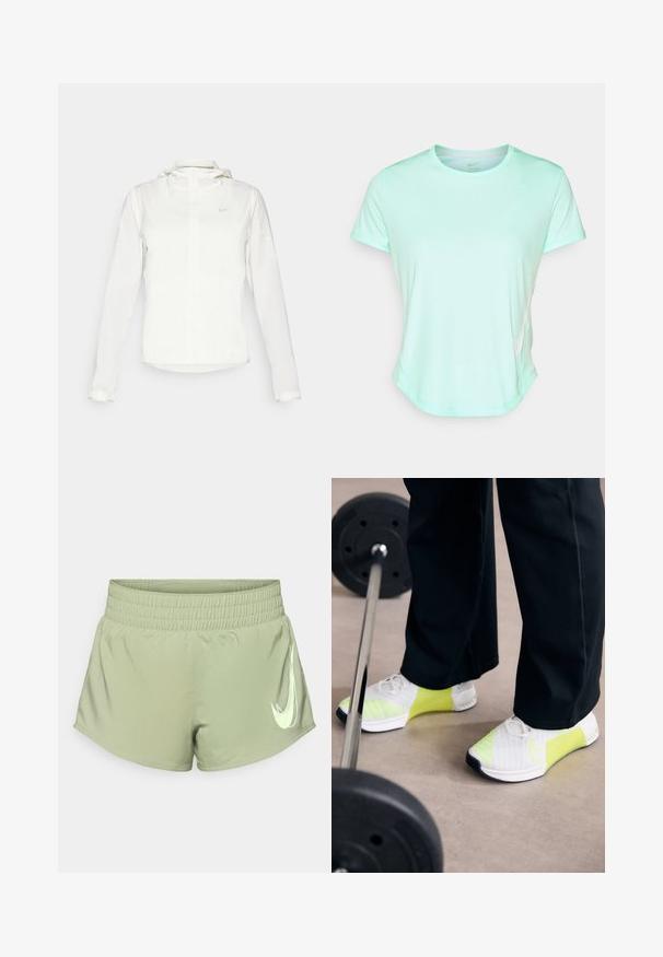 Chaqueta blanca de Nike con capucha, cremallera completa, puños elásticos y un logo sutil en el pecho. Textura suave y diseño ligero.; Camiseta atlética de manga corta en verde menta, fabricada con tejido suave, con cuello redondo y un sutil logo de Nike en el lado. Dobladillo ligeramente curvado.; Camiseta atlética de manga corta en verde menta, fabricada con tejido suave, con cuello redondo y un sutil logo de Nike en el lado. Dobladillo ligeramente curvado.; Pantalones cortos deportivos de color verde claro con una cinturilla elástica, que presentan un prominente logotipo de Nike en blanco en la parte inferior derecha.; Nike Performance METCON 9 - Zapatillas de entrenamiento - white/volt cyber/summit white/black