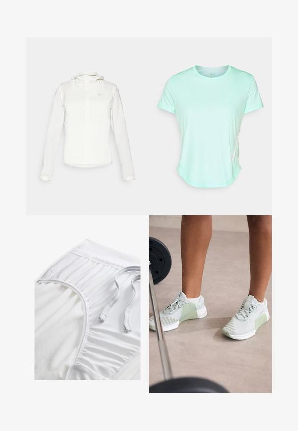 Valge Nike jakker, millel on kapuuts, täispikk tõmblukk, elastsed mansetid ja diskreetne logo rinnal. Sile tekstuur ja kerge disain.; Müntroheline lühikeste varrukatega spordipaita, sile kangas ümarate kaelustega ning peene Nike logo küljes. Veidi kõverdatud alläär.; Valged sportlikud lühikesed püksid tekstureeritud vööosaga, kogutud külgedetailidega ja lameda tõmblukuga. Pehme kangas siledast viimistlusest.; Nike Performance METCON 9 - Treeningjalatsid - light silver/metallic silver/summit white/jade horizon