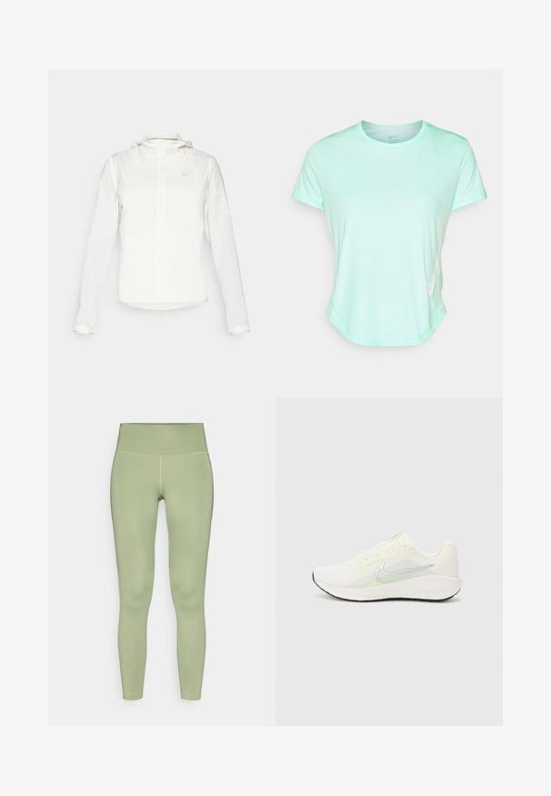 Casaco branco da Nike com capuz, fecho completo, punhos elásticos e um logótipo subtil no peito. Textura suave e design leve.; T-shirt atlético de mangas curtas em verde menta, tecido suave com decote redondo e um discreto logo da Nike na lateral. Bainha ligeiramente curvada.; Leggings ajustados em um tecido verde claro suave, com uma cintura alta, textura lisa e costuras planas.; Nike Performance DOWNSHIFTER 13 - Sapatos para corrida em estrada - sail/silver-coloured photon dust/summit white/barely volt/black