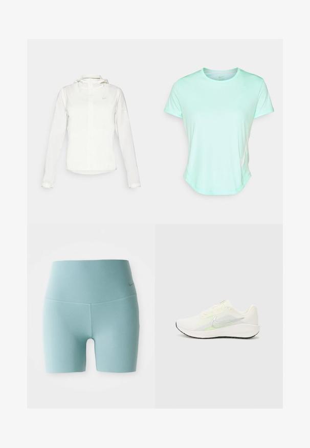Casaco branco da Nike com capuz, fecho completo, punhos elásticos e um logótipo subtil no peito. Textura suave e design leve.; T-shirt atlético de mangas curtas em verde menta, tecido suave com decote redondo e um discreto logo da Nike na lateral. Bainha ligeiramente curvada.; Calções de desporto ajustados de cintura alta em azul claro, com um pequeno logótipo discreto no quadril direito, sobre um fundo branco.; Nike Performance DOWNSHIFTER 13 - Sapatos para corrida em estrada - sail/silver-coloured photon dust/summit white/barely volt/black
