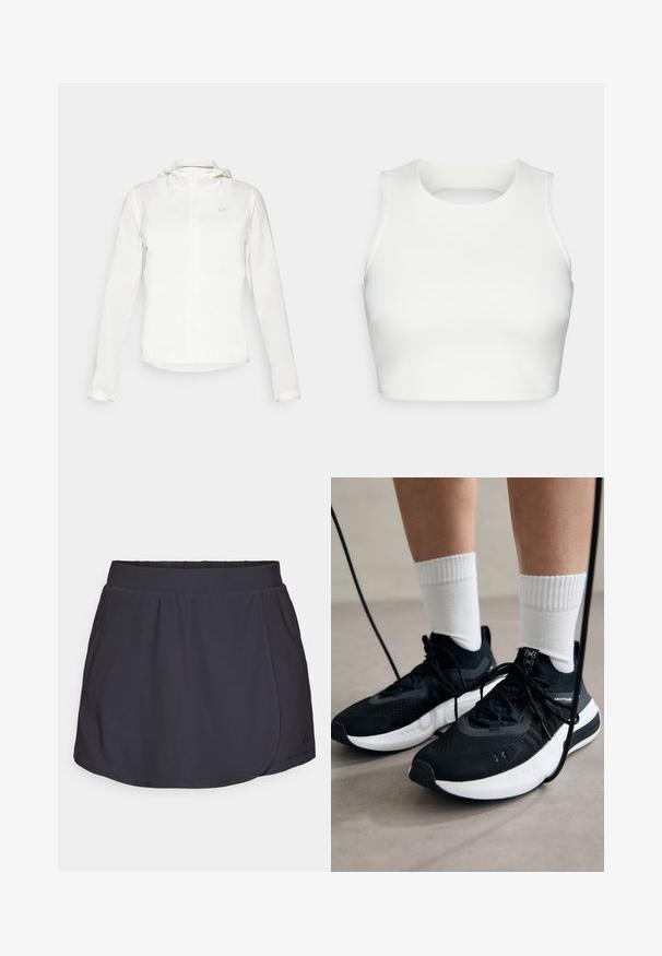Hvit Nike-jakke med hette, hel glidelås, elastiske mansjetter og en diskret logo på brystet. Glatt tekstur og lett design.; Hvit ermeløs crop topp laget av glatt stoff, med rund halsutskjæring og en åpen ryggdesign, med pent søm langs kantene.; ONLY Play ONPTIP SKORT - Sports shorts - black; Svarte treningssko med teksturert stoff, hvit såle og svarte snøringer. Brukt med hvite ribbestrikkede sokker, stående på en lys overflate.