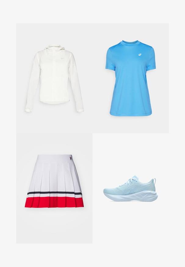 Witte Nike-jack met een capuchon, volledige rits, elastische manchetten en een subtiele logo op de borst. Gladde textuur en lichtgewicht ontwerp.; Blauw sportshirt met korte mouwen en een ronde hals, gladde textuur en mesh accenten op de schouders. Heeft een klein wit logo op de borst.; Plissé rok van witte stof met horizontale rode en marineblauwe strepen aan de zoom, een gladde tailleband en een logo-label.; Lichtblauwe sportschoenen met een bovenwerk van mesh, platte veters en een dikke, getextureerde zool met geometrische accenten voor stabiliteit.