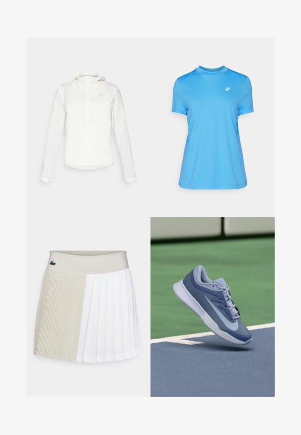 Casaco branco da Nike com capuz, fecho completo, punhos elásticos e um logótipo subtil no peito. Textura suave e design leve.; Camisa atlética azul de manga curta com decote redondo, textura suave e detalhes em malha nos ombros. Apresenta um pequeno logotipo branco no peito.; Lacoste Sport SKIRTS - Saia desportiva - gris/blanc/jaune; Sapatilhas desportivas em azul claro e azul marinho, com um topo texturizado, atacadores planos e uma sola leve branca. Elevadas acima de uma superfície de campo.