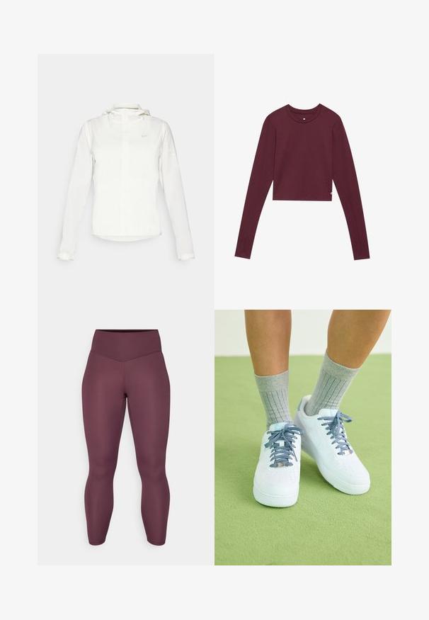 Casaco branco da Nike com capuz, fecho completo, punhos elásticos e um logótipo subtil no peito. Textura suave e design leve.; Top cropped de manga longa em tecido suave, na cor bordô, com decote redondo, mangas ajustadas e fendas laterais na bainha.; Leggings justos de cintura alta na cor burgundy rica. Feitas de um tecido liso e elástico, sem padrões ou metais visíveis.; Sapatilhas de couro brancas com detalhes azuis, design de biqueira perfurada e atacadores texturizados azul e branco, usadas com meias cinzas caneladas.
