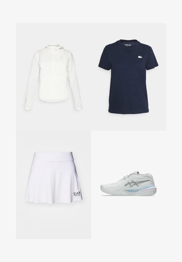 Casaco branco da Nike com capuz, fecho completo, punhos elásticos e um logótipo subtil no peito. Textura suave e design leve.; T-shirt de algodão azul marinho com decote redondo e mangas curtas. Apresenta um pequeno logo branco da Lacoste no lado esquerdo do peito. Textura suave.; Saia de algodão branca com um design fluido, cintura elástica e um logo impresso a preto no canto inferior direito. Textura suave, tecido leve.; Tênis atléticos brancos com um cabedal texturizado, apresentando uma sola azul translúcida e uma discreta marcação cinza na lateral. Bico arredondado e perfil baixo.