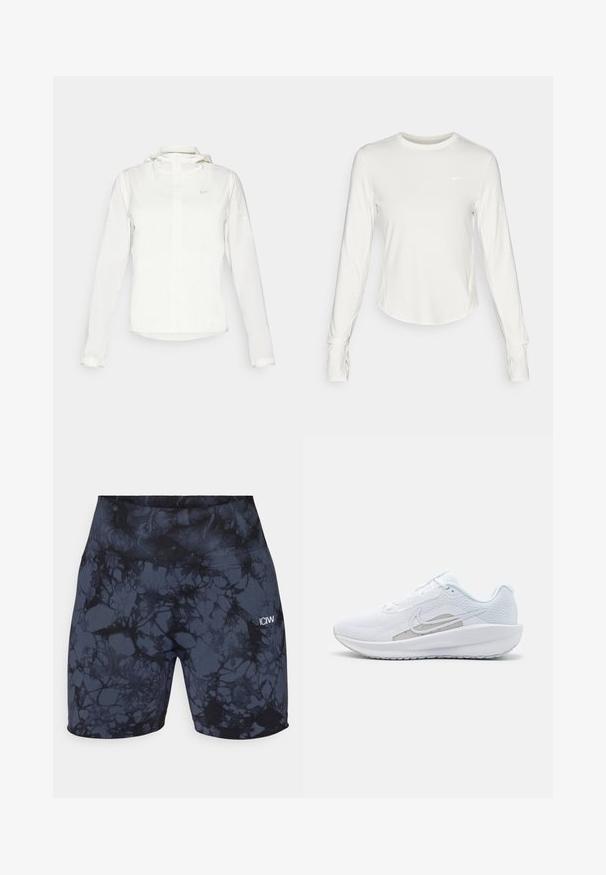 Bílá bunda Nike s kapucí, plným zipem, elastickými manžetami a decentním logem na hrudi. Hladká textura a lehký design.; Bílá atletická košile s dlouhým rukávem vyrobená z hladkého, lehkého materiálu. Má kulatý výstřih a logo Nike na prsou.; Vysoké atletické šortky černé a tmavě šedé barvy s mramorovým vzorem. Vyrobené z elastického hladkého materiálu s malým logem.; Bílé sportovní boty s síťovaným vrškem, zaoblenou špičkou a texturovanou podrážkou. Mají stříbrný logo Nike a minimalistický design.