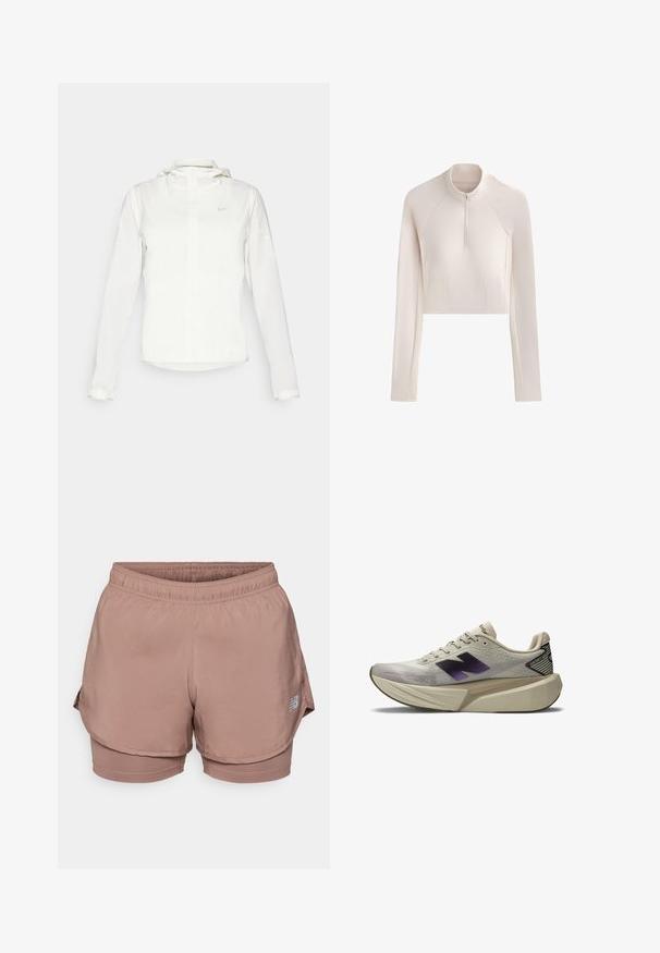 Weiße Nike-Jacke mit Kapuze, durchgehendem Reißverschluss, elastischen Bündchen und einem dezenten Logo auf der Brust. Glatte Textur und leichtes Design.; Langärmliges, hellbeiges, croptop mit halbem Reißverschluss an der Vorderseite und gerippten Texturpaneelen an den Seiten und Ärmeln.; Hellrosa Sportshorts mit elastischem Bund, geschichteter Optik und einem reflektierenden Logodetail an der Seite. Glatter Stoff.; Hellebeige Sportschuhe mit dicker Sohle, schwarzem und lila "N"-Logo an der Seite und "FantomFit"-Label an der Ferse.