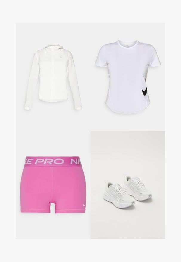 Biela Nike bunda s kapucňou, plným zipsom, elastickými manžetami a jemným logom na hrudi. Hladká textúra a ľahký dizajn.; Biele športové tričko s krátkymi rukávmi vyrobené z hladkej tkaniny, s čiernym logom Nike na ľavej strane a zakriveným lemom na spodnej strane.; Ružové športové šortky so širokým šedým pásom Nike Pro. Vyrobené z hladkého, elastického materiálu s plochými švami a malým logom Nike.; Biele športové topánky s textúrovaným sieťovým zvrškom, polstrovanou podrážkou a jemnými šedými akcentmi. Obsahujú branding a slučkovú pätku pre jednoduché obúvanie.