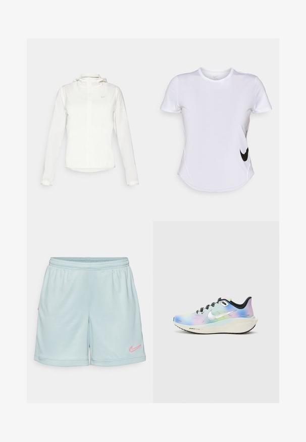 Weiße Nike-Jacke mit Kapuze, durchgehendem Reißverschluss, elastischen Bündchen und einem dezenten Logo auf der Brust. Glatte Textur und leichtes Design.; Weißes, kurzärmliges Sportshirt aus glattem Stoff, mit einem schwarzen Nike-Logo auf der linken Seite und einem abgerundeten Saum am unteren Ende.; Hellblaue Sportshorts mit einem elastischen Bund, die ein pinkes Nike-Logo an der Seite und eine Netzstruktur am Saum aufweisen.; Nike-Laufschuh mit einem Farbverlauf in hellblauen, rosa und grünen Farbtönen. Schwarze Schnürsenkel und Sohle; silbernes Logo-Highlight.