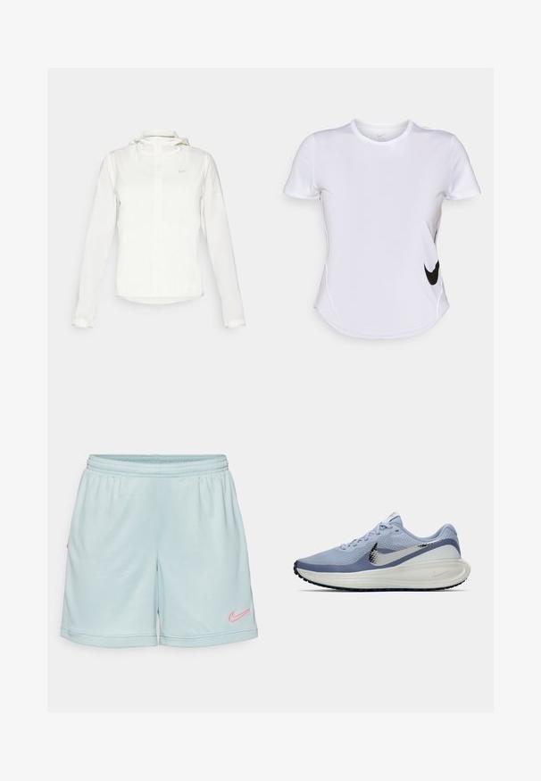 Fehér Nike dzseki kapucnival, teljes cipzárral, rugalmas mandzsettákkal és egy diszkrét logóval a mellkason. Sima textúrájú és könnyű kialakítású.; Fehér, rövid ujjú sportpóló sima anyagból, fekete Nike logóval a baloldalon és ívelt alsó részes kialakítással.; Világoskék sportnadrág, gumis derekú, oldalt rózsaszín Nike logóval és hálós textúrával a szegélynél.; Világoskék és fehér Nike futócipő ezüst swoosh logóval, légáteresztő hálós felsővel, párnázott talppal és fekete talpkiképzéssel.