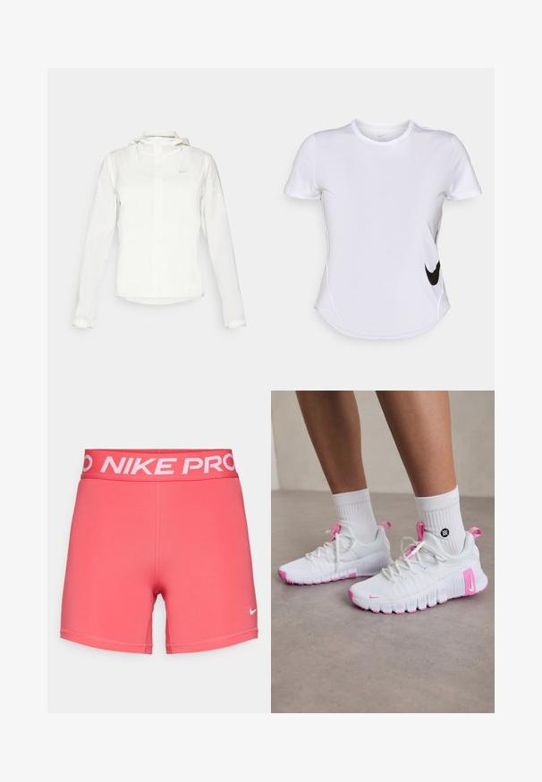 Chaqueta blanca de Nike con capucha, cremallera completa, puños elásticos y un logo sutil en el pecho. Textura suave y diseño ligero.; Camiseta deportiva de manga corta blanca hecha de una tela suave, con un logo negro de Nike en el lado izquierdo y un dobladillo curvado en la parte inferior.; Nike Performance SHORT - Leggings - aster pink/white; Zapatillas deportivas blancas con acentos en rosa, diseño aerodinámico, parte superior de malla texturizada y suela de goma flexible. Incluye logo y tirador.