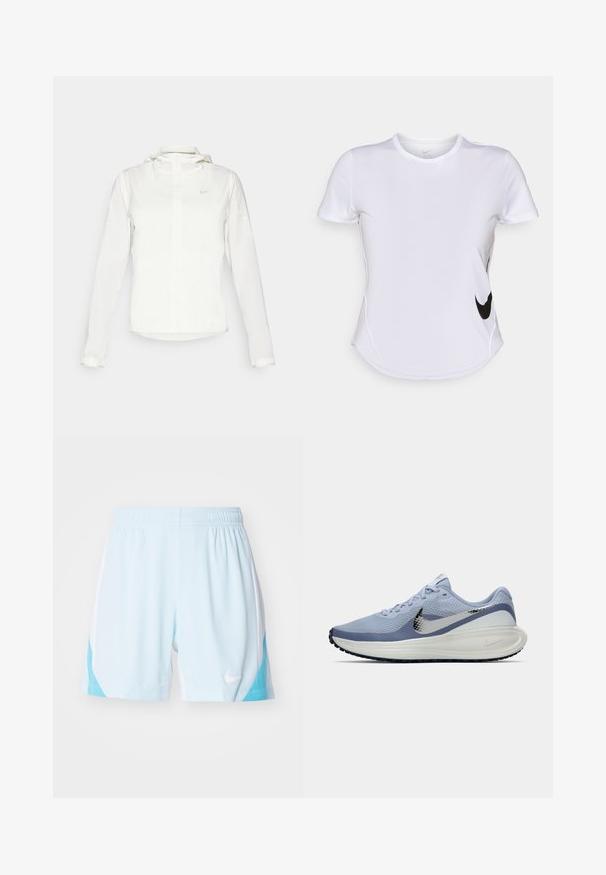 Witte Nike-jack met een capuchon, volledige rits, elastische manchetten en een subtiele logo op de borst. Gladde textuur en lichtgewicht ontwerp.; Witte sportshirt met korte mouwen van gladde stof, met een zwart Nike-logo aan de linkerkant en een gebogen zoom onderaan.; Lichtblauwe sportshorts met witte zijkanten, elastische tailleband en Nike-logo. Beschikt over een gladde textuur en een sportief ontwerp.; Lichtblauwe en witte Nike hardloopschoen met zilveren swoosh, ademend mesh bovenwerk, gewatteerde zool en zwarte buitenzool met profiel.