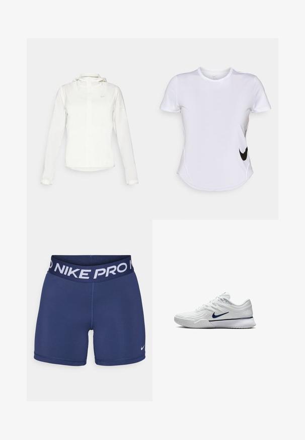Giacca Nike bianca con cappuccio, zip completa, polsini elasticizzati e un logo discreto sul petto. Texture liscia e design leggero.; Maglietta sportiva bianca a maniche corte in tessuto morbido, con il logo Nike nero sul lato sinistro e un orlo curvo nella parte inferiore.; Shorts Nike Pro blu navy con una fascia larga in vita che presenta il testo bianco "NIKE PRO" e un piccolo logo bianco sul lato destro in basso. Tessuto morbido.; Scarpa sportiva bianca con tomaia in mesh testurizzato, accenti blu navy e suola imbottita con una superficie di presa a motivo. Lacci integrati nel design.