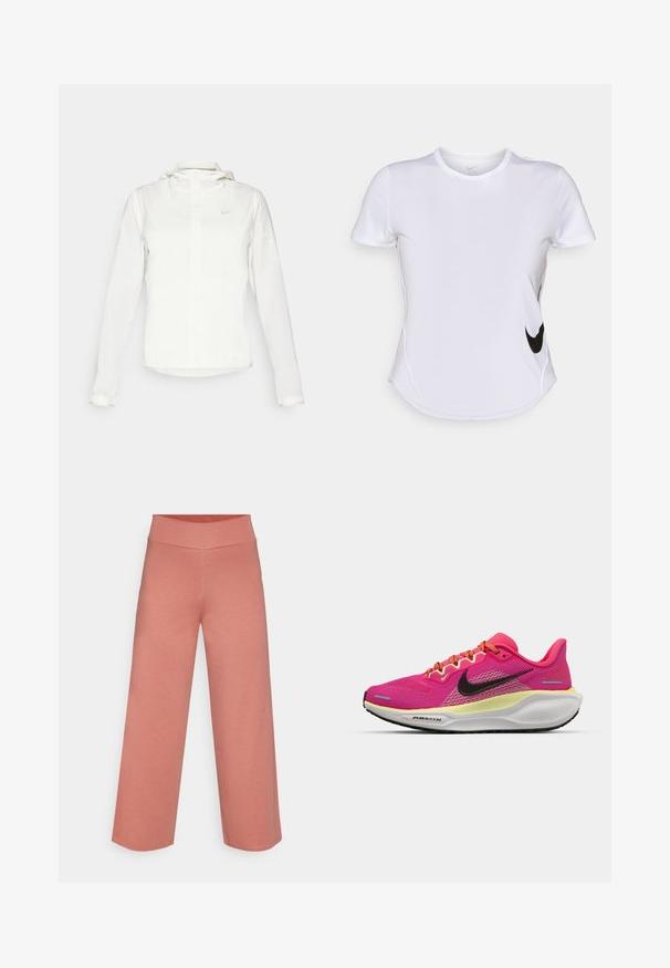 Fehér Nike dzseki kapucnival, teljes cipzárral, rugalmas mandzsettákkal és egy diszkrét logóval a mellkason. Sima textúrájú és könnyű kialakítású.; Fehér, rövid ujjú sportpóló sima anyagból, fekete Nike logóval a baloldalon és ívelt alsó részes kialakítással.; Yogasearcher RAVANA FLOWY PANTS - Tréningruha alsók - cedar; Rózsaszín sportcipők lélegző hálós felsőrésszel, fekete Nike logóval, élénk narancssárga fűzőkkel és kontrasztos sárga középtalppal. Fehér talp.