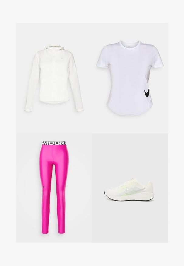 Hvid Nike-jakke med hætte, fuld lynlås, elastiske manchetter og et diskret logo på brystet. Glat tekstur og let design.; Hvid kortærmet træningsshirt lavet af glat stof, med et sort Nike-logo på venstre side og en buet kant nederst.; Under Armour HEATGEAR - Tights - astro pink; Nike Performance DOWNSHIFTER 13 - Løbesko til landevejen - sail/silver-coloured photon dust/summit white/barely volt/black