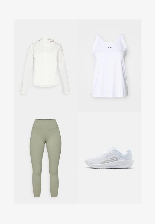 Witte Nike-jack met een capuchon, volledige rits, elastische manchetten en een subtiele logo op de borst. Gladde textuur en lichtgewicht ontwerp.; Witte mouwloze sporttop gemaakt van lichtgewicht stof. Voorzien van een ronde halslijn en een klein zwart Nike-logo op de voorkant.; Hoge taille, aansluitende legging van een zachte olijfgroene stof. Gladde textuur met verstevigde naden en zonder zichtbare patronen of accenten.; Witte sportieve schoen met een bovenwerk van mesh, ronde neus en een textuurzool. Beschikt over een zilveren Nike swoosh en een minimalistisch ontwerp.