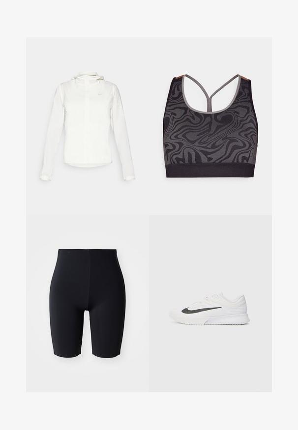 Balta Nike striukė su gobtuvu, pilnu užtrauktuku, elastingomis rankovėmis ir subtiliu logotipu ant krūtinės. Sklandi tekstūra ir lengvas dizainas.; Juoda sportinė liemenėlė su pilku sukimosi raštu, pasižyminti apykakle ir lenkta atgal. Pagaminta iš tekstūrinio mezginio audinio.; Juodi prigludę šortai, pagaminti iš lygios, elastingos medžiagos. Jie turi aukštą juosmenį ir elegantišką, minimalistinį dizainą be matomų užtrauktukų.; Balti sportiniai batai su tekstūruotu tinklo viršumi, juoda logotipo juosta, paminkštinta apykakle ir guma padu su sukibimo raštu.