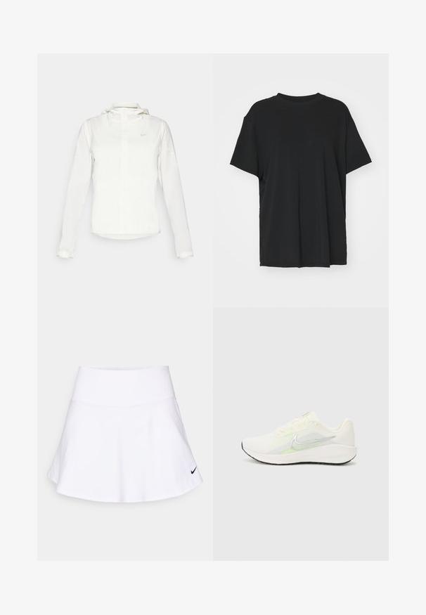 Valkoinen Nike-takki hupulla, täyspitkällä vetoketjulla, joustavilla hihansuilla ja hillityllä logolla rinnassa. Sujuva pinta ja kevyt muotoilu.; Musta lyhythihainen t-paita, joka on valmistettu sileästä kankaasta. Paidan muotoilu on pyöreä kaula-aukko ja väljä istuvuus. Lisämukavuutta ja hengittävyyttä lisäävät sivuhalkiot.; Valkoinen urheiluhame, joka on valmistettu kevyestä kankaasta, ja siinä on levenevä muotoilu sekä musta Nike-logo oikeassa alareunassa. Pinta on sileä.; Nike Performance DOWNSHIFTER 13 - Katujuoksukengät - sail/silver-coloured photon dust/summit white/barely volt/black