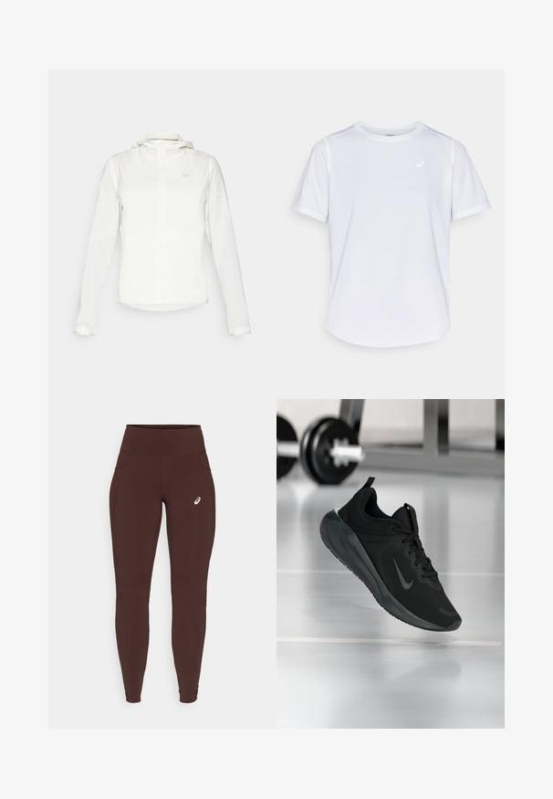 Veste blanche Nike avec capuche, fermeture éclair intégrale, poignets élastiques et un logo discret sur la poitrine. Texture lisse et design léger.; T-shirt de sport blanc, à manches courtes, col rond, fabriqué en tissu technique évacuant l'humidité, avec un petit logo sur la poitrine, texture légère.; Leggings marron en tissu extensible avec une taille haute, comportant des poches latérales et un logo discret sur la cuisse gauche.; Baskets de sport noires avec le logo Nike, montrées en l'air au-dessus d'un sol de gym, avec un rack de haltères flou en arrière-plan.