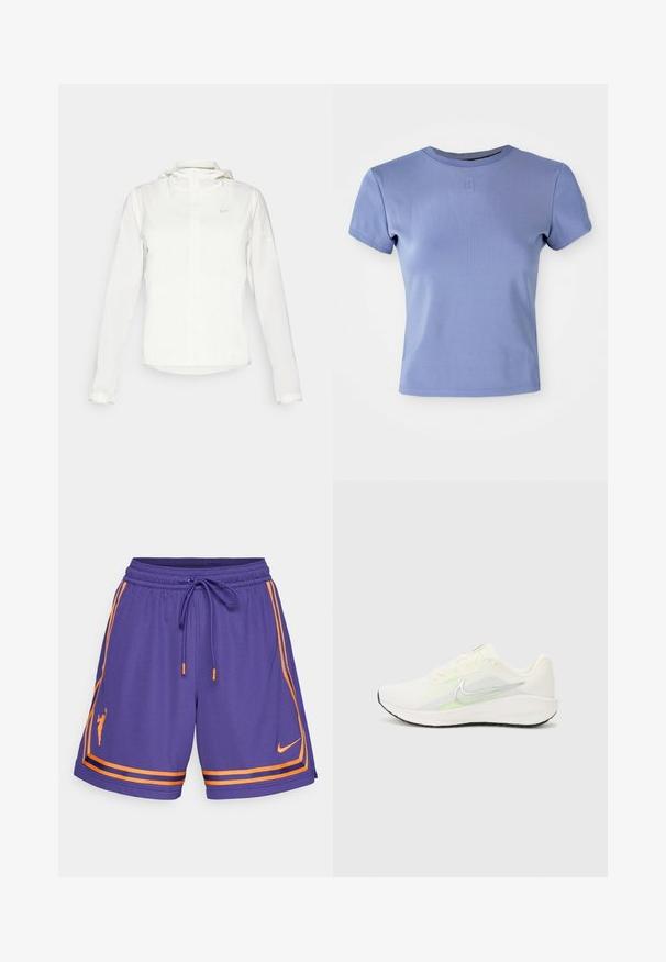 Valge Nike jakker, millel on kapuuts, täispikk tõmblukk, elastsed mansetid ja diskreetne logo rinnal. Sile tekstuur ja kerge disain.; Hele lilla lõikega T-särk, mis on valmistatud ribakanga materjalist ja millel on ümmargune kaelus ning lühikesed varrukad. Särgile on lisatud väike logo aksent rinnal.; Lilla sportlikud lühikesed püksid oranžide detailidega, koos nöörivööga, külgriidega ja silueti logoga. Valmistatud hingavast materjalist.; Nike Performance DOWNSHIFTER 13 - Maanteejooksu jalatsid - sail/silver-coloured photon dust/summit white/barely volt/black