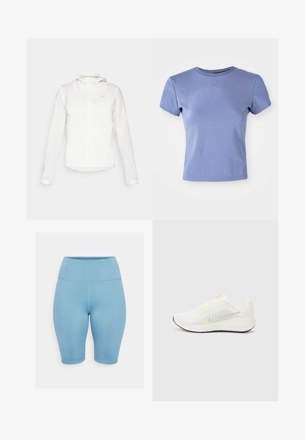 Fehér Nike dzseki kapucnival, teljes cipzárral, rugalmas mandzsettákkal és egy diszkrét logóval a mellkason. Sima textúrájú és könnyű kialakítású.; Világos lila, testhez simuló póló, bordázott anyagból készült, kerek nyakkivágással és rövid ujjakkal. A mellrészen egy kis logó található.; Világoskék, magas derekú kerékpáros rövidnadrág rugalmas anyagból, lapos varrásokkal és sima textúrával, ideális sportos viselethez.; Nike Performance DOWNSHIFTER 13 - Utcai futócipők - sail/silver-coloured photon dust/summit white/barely volt/black