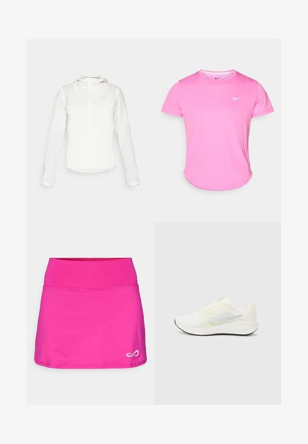 Bijela Nike jakna s kapuljačom, punim zatvaračem, elastičnim manžetama i suptilnim logotipom na prsima. Glatka textura i lagan dizajn.; Ružičasta Nike majica s okruglim izrezom, kratkim rukavima i bijelim logotipom na lijevoj strani prsnog koša, izrađena od glatkog, laganog materijala.; Endless FALDA MINIMAL - Sportske suknje - deep fucsia; Nike Performance DOWNSHIFTER 13 - Tenisice za cestovno trčanje - sail/silver-coloured photon dust/summit white/barely volt/black