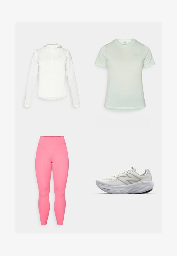 Witte Nike-jack met een capuchon, volledige rits, elastische manchetten en een subtiele logo op de borst. Gladde textuur en lichtgewicht ontwerp.; Lichtgroene, kortärmige sportshirt van een gestructureerde meshstof met een ronde halslijn; heeft een klein blauw New Balance-logo.; Roze actieve legging met een hoge taille, gemaakt van rekbaar materiaal. Heeft een gladde textuur en geen zichtbare patronen of accenten.; Witte sportschoenen met een bovenwerk van mesh, voorzien van een gevoerde kraag, een gestructureerde zool en de merknaam "Fresh Foam" op de tussenzool.