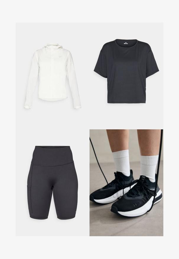 Fehér Nike dzseki kapucnival, teljes cipzárral, rugalmas mandzsettákkal és egy diszkrét logóval a mellkason. Sima textúrájú és könnyű kialakítású.; Fekete, rövid ujjú, cropped póló, kerek nyakkivágással és puha, sima szövet textúrával. Nincsenek látható minták vagy fémalkatrészek.; Fekete, magas derekú biciklis short, rugalmas anyagból készült, egy oldalsó zsebbel, sima textúrával és lapos varrásokkal a kényelem érdekében.; Fekete sportcipők textúrált anyagból, fehér talppal és fekete fűzőkkel. Fehér bordázott zoknikkal viselve, világos felületen állva.