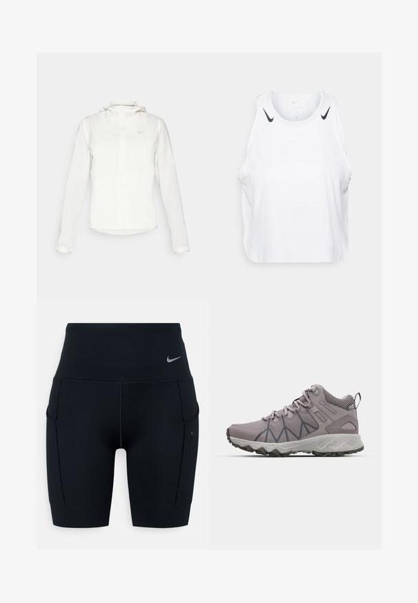 Hvid Nike-jakke med hætte, fuld lynlås, elastiske manchetter og et diskret logo på brystet. Glat tekstur og let design.; Hvid ærmeløs tanktop lavet af letvægtsmateriale, med sorte Nike-logo detaljer på skuldrene, rund halsudskæring og afslappet pasform.; Sorte højtaljede atletiske shorts lavet af strækbart materiale; har sidelommer og et lille Nike-logo på taljen.; Lys lilla vandresko med mesh og syntetisk overdel, teksturerede mønstre på siderne, polstret mellemsål og robust gummiydersål.