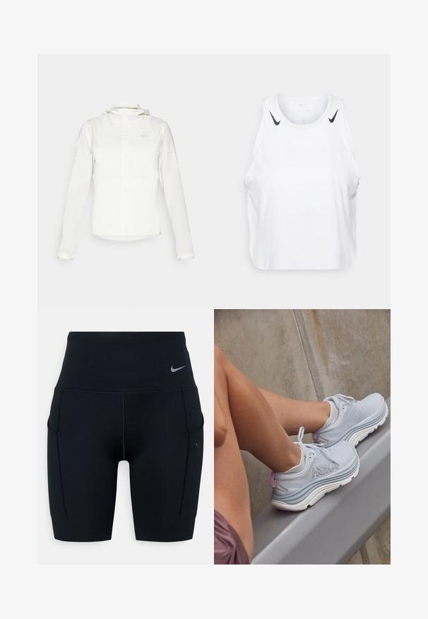 Casaco branco da Nike com capuz, fecho completo, punhos elásticos e um logótipo subtil no peito. Textura suave e design leve.; T-shirt branca sem mangas feita de um tecido leve, com detalhes do logotipo preto da Nike nos ombros, decote redondo e um corte relaxado.; Calças curtas atléticas altas pretas feitas de material elástico; apresentam bolsos laterais e um pequeno logótipo da Nike na cintura.; Tênis atléticos cinza claro com parte superior em malha texturizada, detalhe roxo no calcanhar e sola branca. Apresentados com meias de baixo perfil e um fundo de concreto.