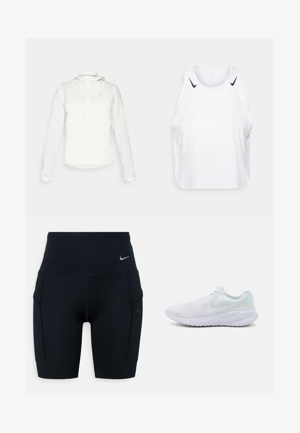 Veste blanche Nike avec capuche, fermeture éclair intégrale, poignets élastiques et un logo discret sur la poitrine. Texture lisse et design léger.; Débardeur blanc sans manches en tissu léger, avec des accents du logo Nike noir sur les épaules, un col rond et une coupe décontractée.; Shorts de sport noirs taille haute en matériau extensible ; dotés de poches latérales et d'un petit logo Nike sur la ceinture.; Baskets de sport blanches avec une tige en mesh, un design texturé, une pointe arrondie, un col rembourré et des accents bleu clair sur le talon. Semelle extérieure en caoutchouc.
