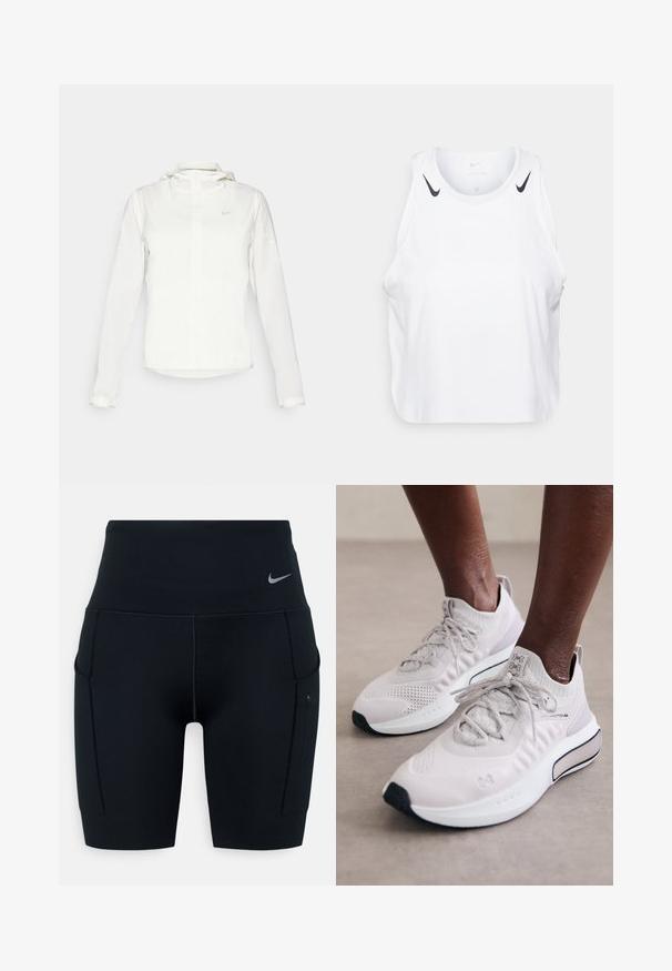 Veste blanche Nike avec capuche, fermeture éclair intégrale, poignets élastiques et un logo discret sur la poitrine. Texture lisse et design léger.; Débardeur blanc sans manches en tissu léger, avec des accents du logo Nike noir sur les épaules, un col rond et une coupe décontractée.; Shorts de sport noirs taille haute en matériau extensible ; dotés de poches latérales et d'un petit logo Nike sur la ceinture.; Baskets de sport gris clair avec une tige en tricot texturé, une semelle matelassée et des accents noirs, conçues pour le confort et la performance.