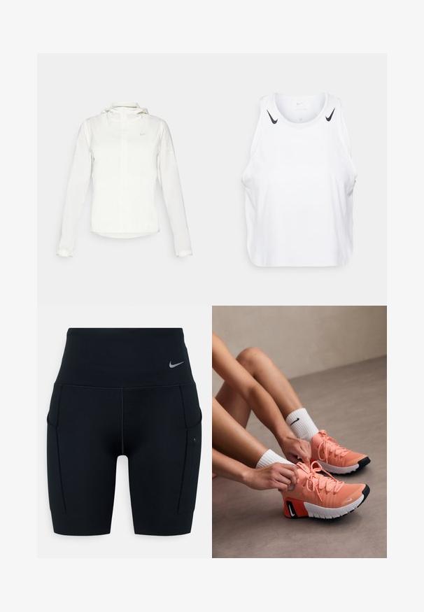Bela Nike jakna s kapuco, polno zadrgo, elastičnimi manšetami in diskretnim logotipom na prsih. Gladka tekstura in lahko oblikovanje.; Bela brezrokavnik iz lahkega materiala, s črnimi Nike logotipnimi poudarki na ramenih, okroglo ovratnico in sproščenim krojem.; Črne visoke športne kratke hlače iz raztegljivega materiala; imajo stranske žepe in majhen Nike logotip na pasu.; Lahki roza atletski čevlji z teksturirano tkanino, izrazitimi vezalkami in gumijastimi podplati. Zaključeni z kontrastno črno-belo oznako.