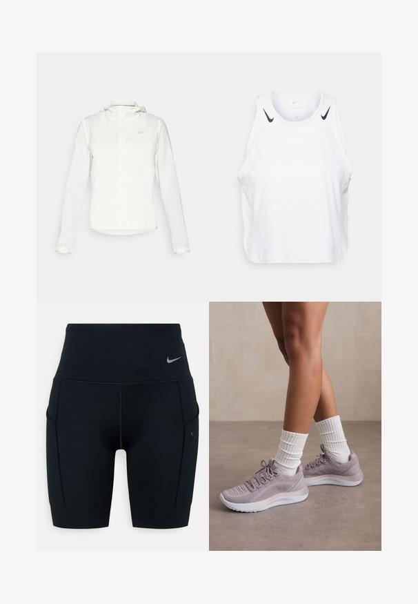 Chaqueta blanca de Nike con capucha, cremallera completa, puños elásticos y un logo sutil en el pecho. Textura suave y diseño ligero.; Top sin mangas blanco de tela ligera, con detalles del logo negro de Nike en los hombros, escote redondo y ajuste holgado.; Shorts deportivos negros de talle alto hechos de material elástico; cuentan con bolsillos laterales y un pequeño logotipo de Nike en la cinturilla.; Zapatillas deportivas de color púrpura claro con parte superior de tejido texturizado, acentuadas con una mediasuela blanca y calcetines de canalé blancos a juego.