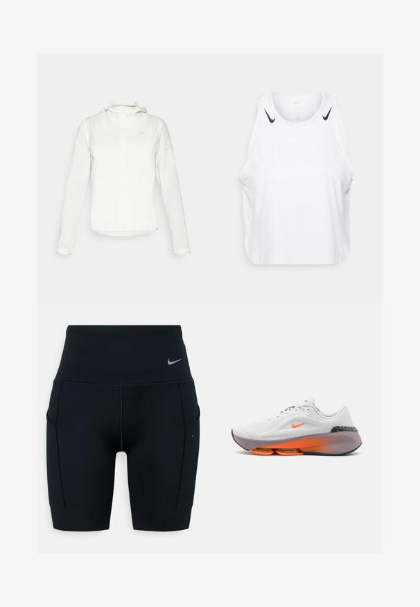 White Nike jacket with a hood, full zip, elastic cuffs, and a subtle logo on the chest. Smooth texture and lightweight design.; White sleeveless tank top made of lightweight fabric, featuring black Nike logo accents on shoulders, round neckline, and relaxed fit.; Black high-waisted athletic shorts made of stretchy material; features side pockets and a small Nike logo on the waistband.; Nike Performance VERSAIR PRM - Training shoe - purple, grey