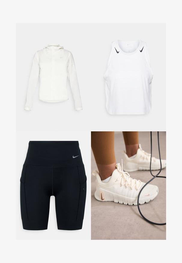 Biela Nike bunda s kapucňou, plným zipsom, elastickými manžetami a jemným logom na hrudi. Hladká textúra a ľahký dizajn.; Biely bezrukávový top vyrobený z ľahkej tkaniny, s čiernymi akcentmi loga Nike na ramenách, okrúhlym výstrihom a voľným strihom.; Čierne športové šortky s vysokým pásom vyrobené z elastického materiálu; obsahujú bočné vrecká a malé logo Nike na páse.; Nike Performance FREE METCON 6 - Tréningová obuv - pale ivory/metallic red bronze/guava ice/sail/phantom/light orewood brown