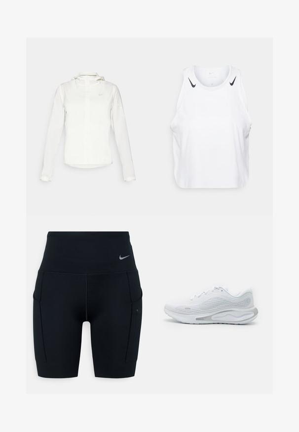 Veste blanche Nike avec capuche, fermeture éclair intégrale, poignets élastiques et un logo discret sur la poitrine. Texture lisse et design léger.; Débardeur blanc sans manches en tissu léger, avec des accents du logo Nike noir sur les épaules, un col rond et une coupe décontractée.; Shorts de sport noirs taille haute en matériau extensible ; dotés de poches latérales et d'un petit logo Nike sur la ceinture.; Nike Performance JOURNEY RUN - Chaussures de running sur route - white/pure platinum/metallic silver
