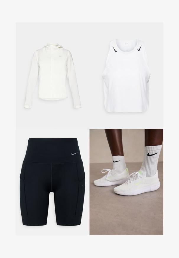 Giacca Nike bianca con cappuccio, zip completa, polsini elasticizzati e un logo discreto sul petto. Texture liscia e design leggero.; Top senza maniche bianco realizzato in tessuto leggero, con accenti del logo Nike nero sulle spalle, scollatura rotonda e vestibilità morbida.; Shorts sportivi neri a vita alta realizzati in materiale elasticizzato; presentano tasche laterali e un piccolo logo Nike sulla vita.; Sneaker Nike bianche con upper in mesh testurizzato e accenti verde neon, abbinate a calze bianche a coste con un logo nero.