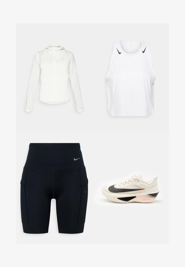 Casaco branco da Nike com capuz, fecho completo, punhos elásticos e um logótipo subtil no peito. Textura suave e design leve.; T-shirt branca sem mangas feita de um tecido leve, com detalhes do logotipo preto da Nike nos ombros, decote redondo e um corte relaxado.; Calças curtas atléticas altas pretas feitas de material elástico; apresentam bolsos laterais e um pequeno logótipo da Nike na cintura.; Sapatilha desportiva branca com uma entressola preta e rosa, parte superior texturizada e o distintivo swoosh da Nike, apresentando atacadores e um colarinho acolchoado.