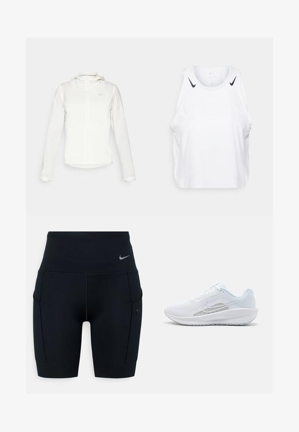 Veste blanche Nike avec capuche, fermeture éclair intégrale, poignets élastiques et un logo discret sur la poitrine. Texture lisse et design léger.; Débardeur blanc sans manches en tissu léger, avec des accents du logo Nike noir sur les épaules, un col rond et une coupe décontractée.; Shorts de sport noirs taille haute en matériau extensible ; dotés de poches latérales et d'un petit logo Nike sur la ceinture.; Baskets blanches avec une tige en mesh, bout rond et semelle texturée. Présentent un swoosh Nike argenté et un design minimaliste.