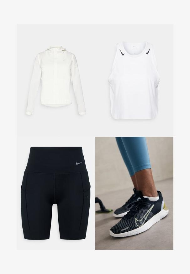 Bela Nike jakna s kapuco, polno zadrgo, elastičnimi manšetami in diskretnim logotipom na prsih. Gladka tekstura in lahko oblikovanje.; Bela brezrokavnik iz lahkega materiala, s črnimi Nike logotipnimi poudarki na ramenih, okroglo ovratnico in sproščenim krojem.; Črne visoke športne kratke hlače iz raztegljivega materiala; imajo stranske žepe in majhen Nike logotip na pasu.; Črne športne čevlje z teksturirano tkanino, belo podplatom in rumenim poudarkom. Imajo zavezovanje in izstopajoč logotip na strani.