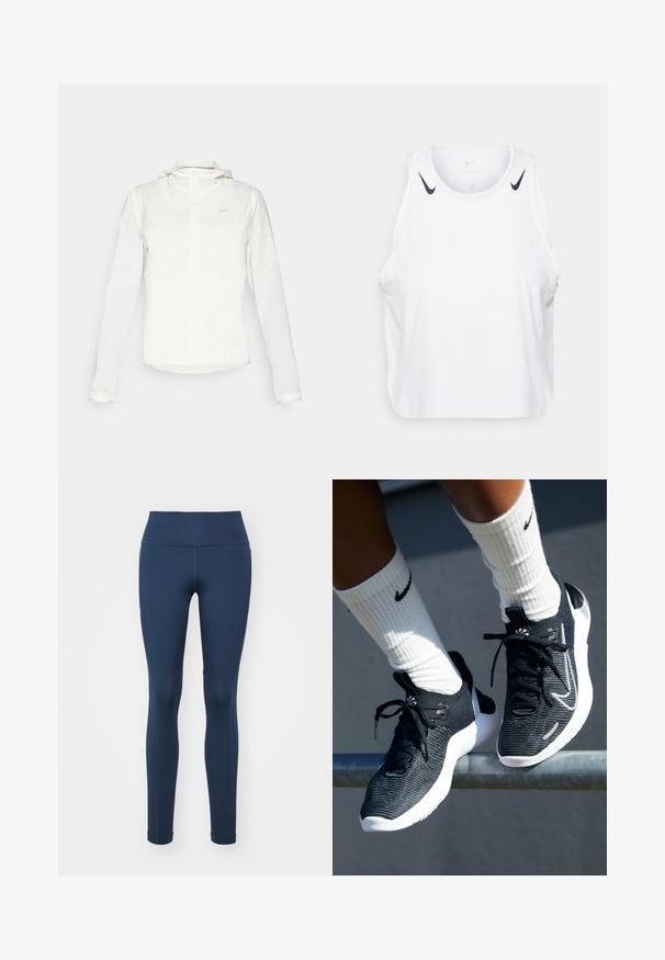 White Nike jacket with a hood, full zip, elastic cuffs, and a subtle logo on the chest. Smooth texture and lightweight design.; White sleeveless tank top made of lightweight fabric, featuring black Nike logo accents on shoulders, round neckline, and relaxed fit.; Navy blue leggings made of stretchy fabric. Features a high waistband and form-fitting design with flat seams for comfort.; Black athletic shoes with a textured knit upper, white midsole, and black laces. Worn with white ribbed socks featuring a logo.